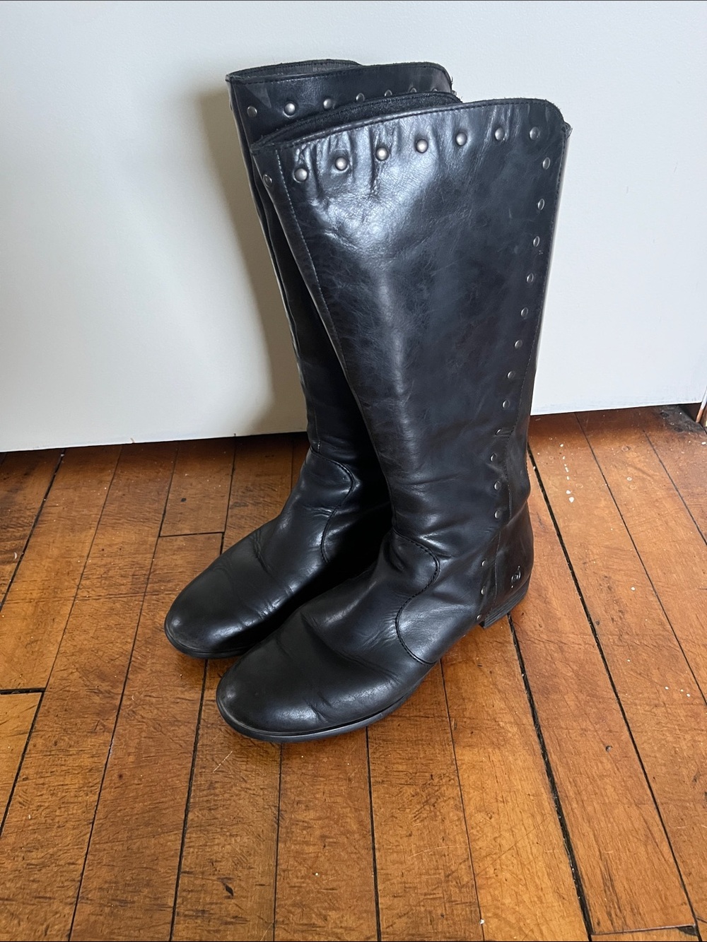 Born Black Tall Leather Boots with Stud Detail